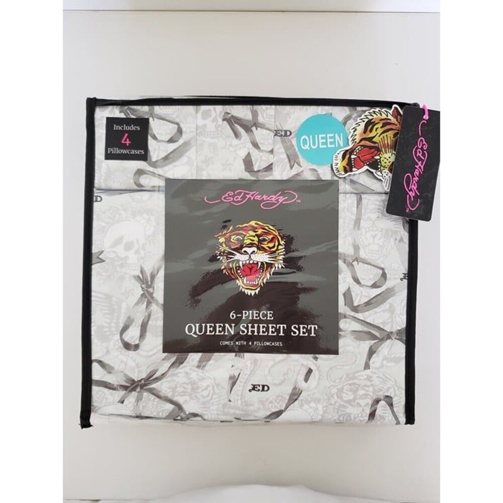 Ed Hardy Queen 6 Piece Sheet Set Gray Bow Tiger Skull Heart Bird
